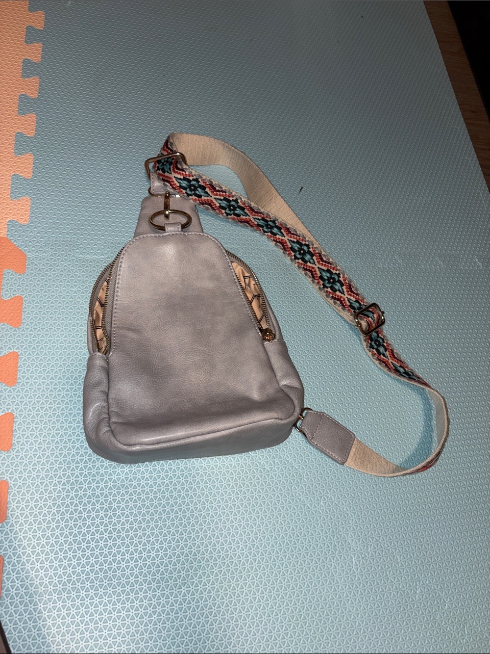 Gray Crossbody Sling Bag with Patterned Strap